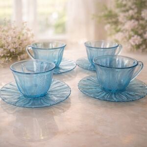 Elegant Blue Glass Teacup and Saucer Set - 4 Piece